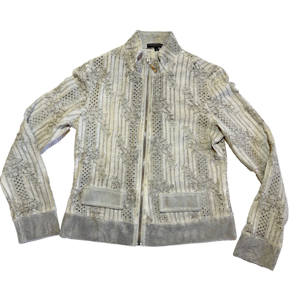 Alberto Makali NY Textured Lace Zip Jacket Womens M Small Fitted Beige Boho Chic
